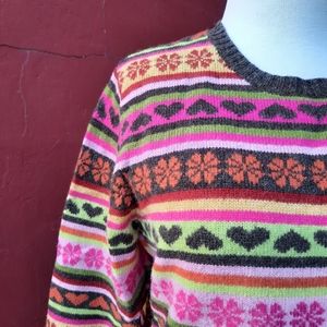 Vintage Y2K Wool Sweater Fair Isle Hearts Pattern Boxy XL Pink Brown Like New